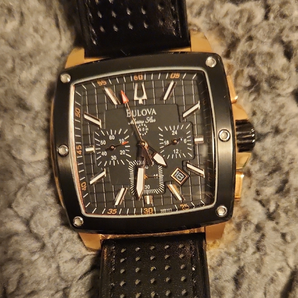 Bulova Black and Gold Square Chronograph Watch